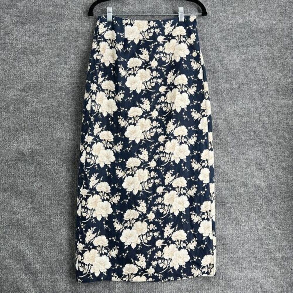 Vintage Liz Claiborne Liz Sport Linen Wrap Maxi Skirt Size 14 Petite Navy Floral
